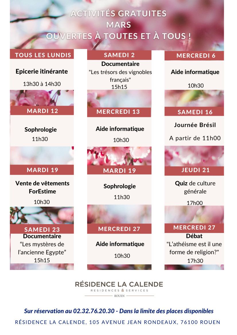Programme de mars 2024 résidence la Calende | Clic des Aînés